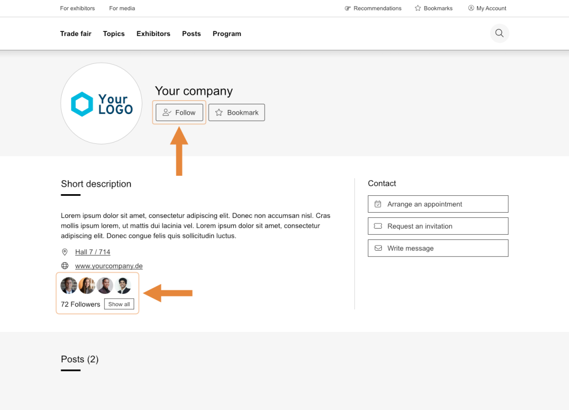A company profile page with a logo, “Follow” and “Bookmark” buttons, a short description, website link, and a box showing 72 followers with profile photos. Two orange arrows highlight the “Follow” button and the follower box.